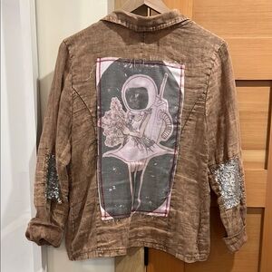 Nu Vintage Linen Brown Blazer with Graphic Design, sequin patches